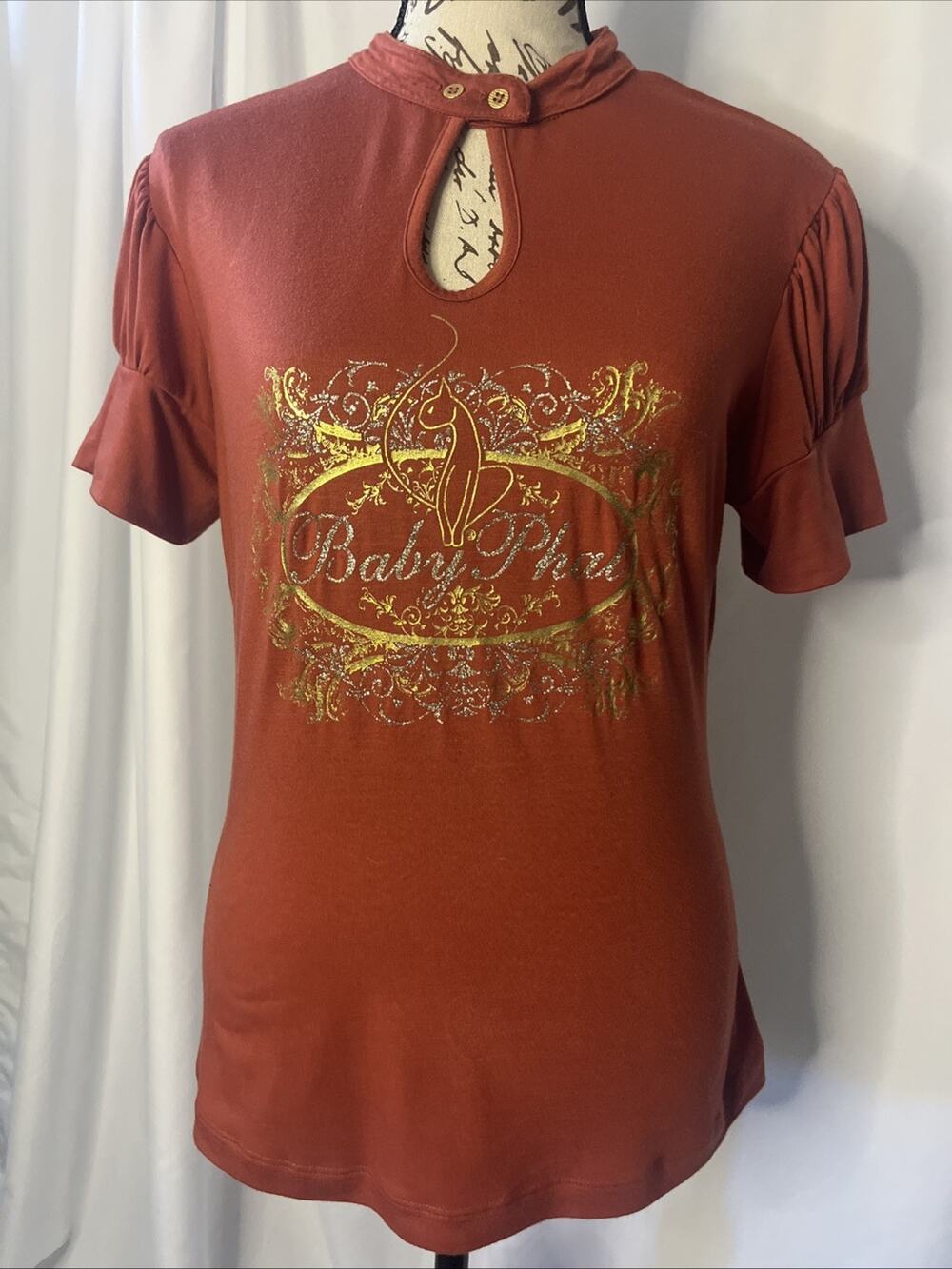 Baby Phat Y2K Puff Sleeve Orange Shirt Keyhole Neck Juniors XL
